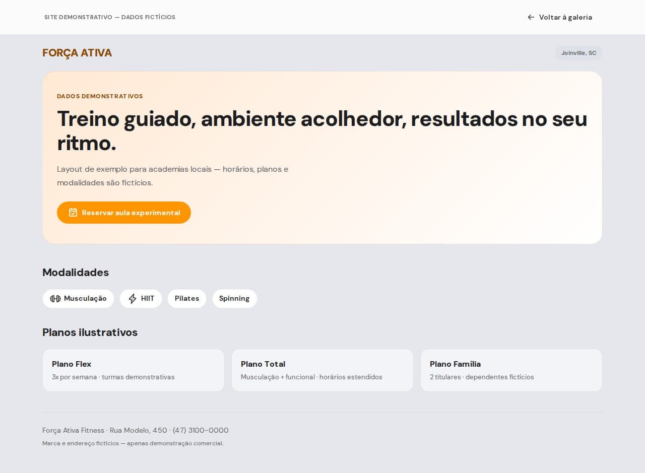 Prévia fictícia de site para academia: destaque de planos, grade de modalidades e chamada para aula experimental.