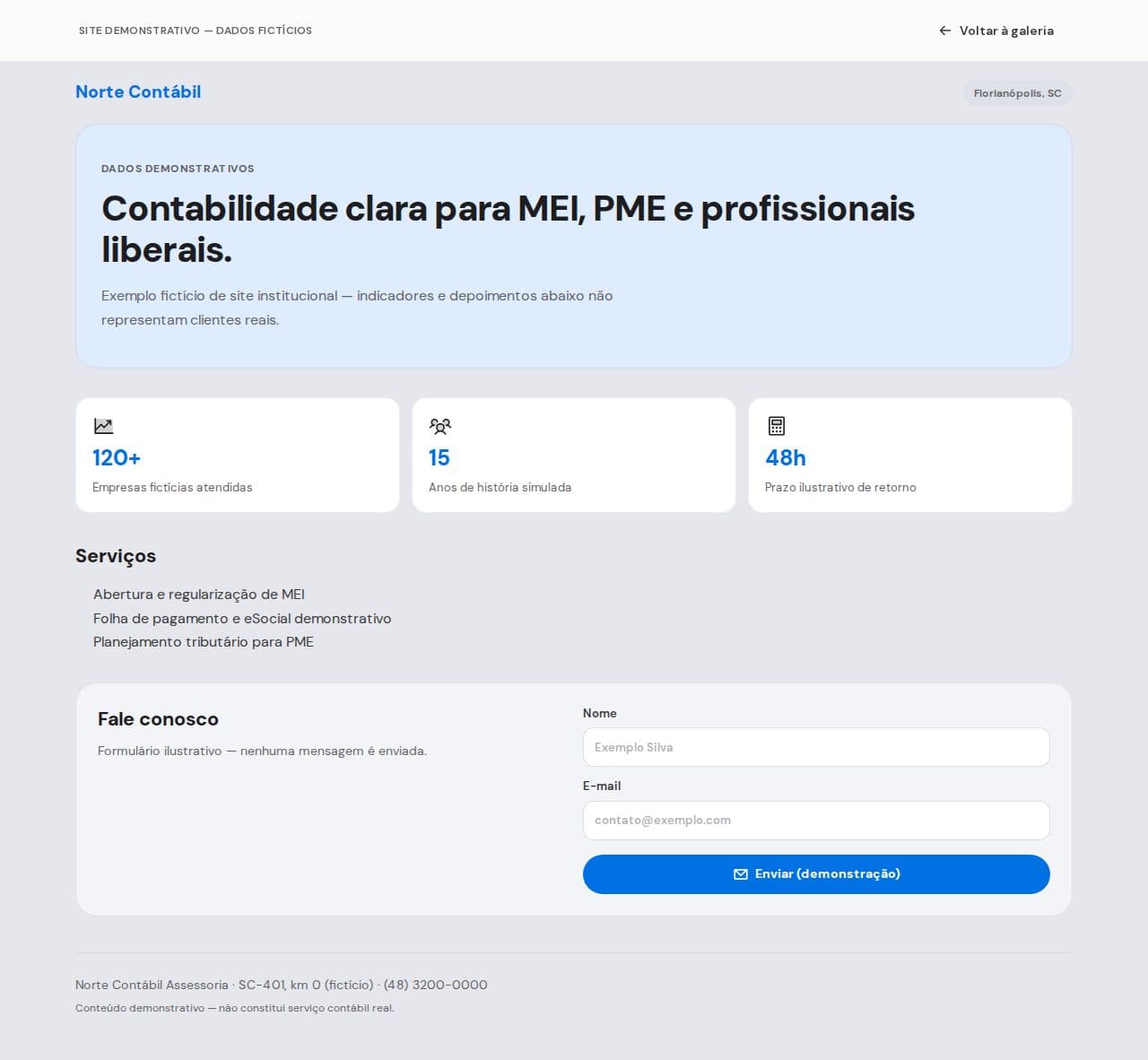 Prévia fictícia de site para escritório contábil: serviços para MEI e PME, números demonstrativos e formulário de contato.