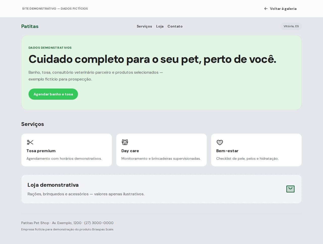Prévia fictícia de site para petshop: hero com banner verde, serviços de banho e tosa e bloco de contato.
